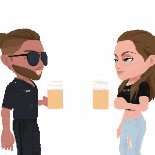 a man and a woman are toasting each other with beer mugs .