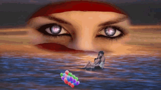 a painting of a woman 's eyes and a man in the water with balloons