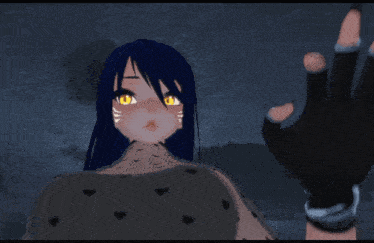 a cartoon character with blue hair and yellow eyes reaching out towards someone