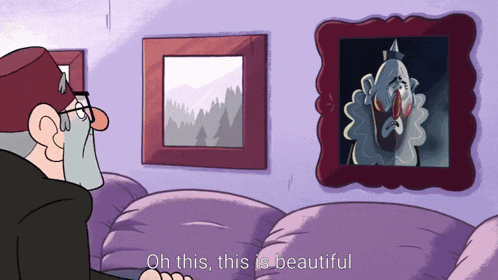 a cartoon character says oh this this is beautiful while looking at a painting