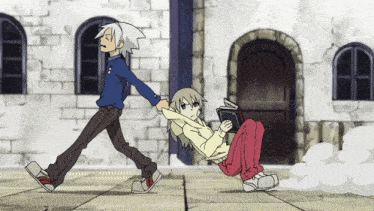 a cartoon of a boy and a girl walking and a girl reading a book