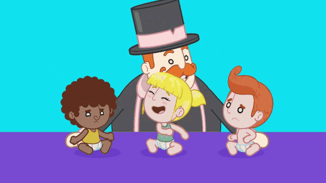 a cartoon of a man in a top hat surrounded by babies