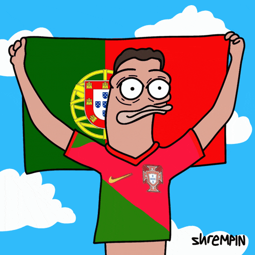 a cartoon of a man holding a portuguese flag with shrempina written below him