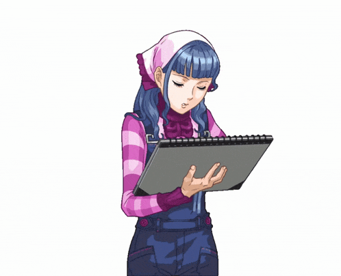 a girl holding a book with the letter i on the cover