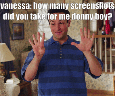 a man in a blue striped shirt with the words vanessa how many screenshots did you take for me donny boy above him