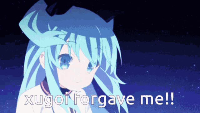 a picture of a girl with the words " xugoi forgave me " on the bottom