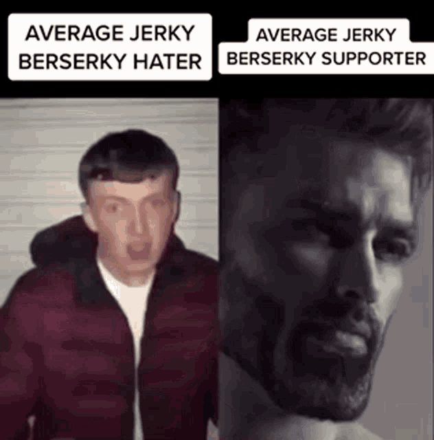 a man in a red jacket and a man with a beard are standing next to each other and talking .