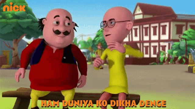 two cartoon characters standing next to each other with the words ham duniya ko dikha denge above them