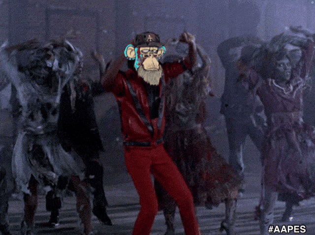 a group of zombies are dancing with a man wearing a monkey hat