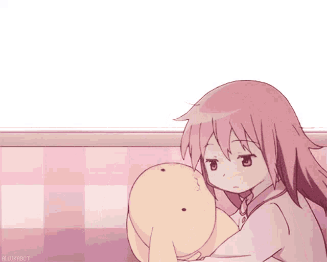 a girl with pink hair is hugging a stuffed animal with the word alunabot written on the bottom