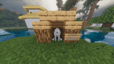 a minecraft screenshot of a building with a sign that says ' loot & carry ' on it