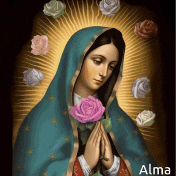 a painting of the virgin mary holding a pink rose with roses around her