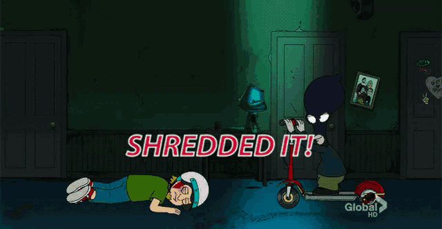 a cartoon of a man riding a scooter with the words shredded it