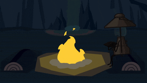 a cartoon illustration of a campfire with a lantern in the background