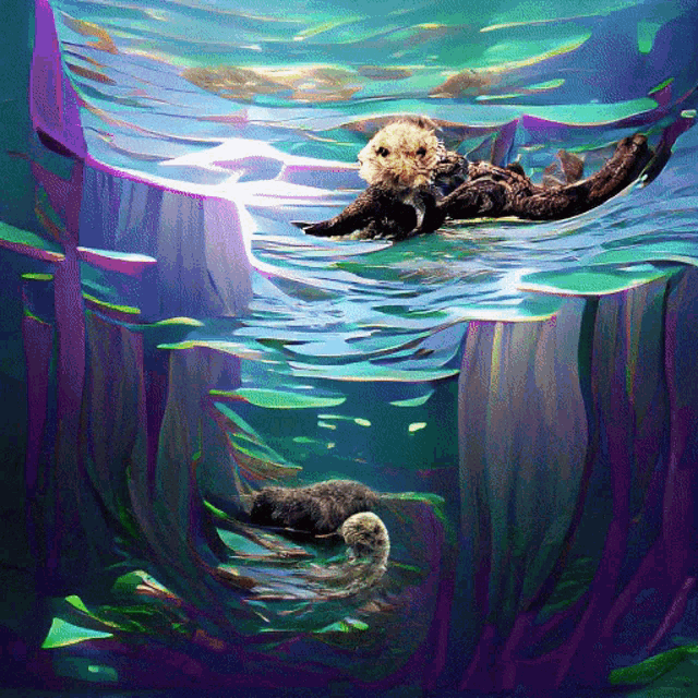 a painting of an otter and a baby otter in the ocean
