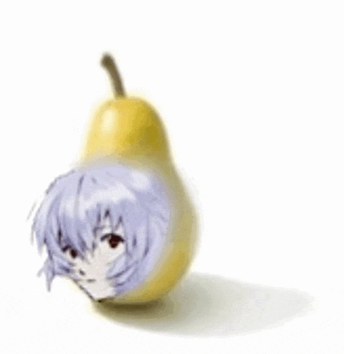 a pear with a picture of a girl 's head on it .