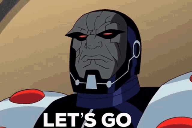 a cartoon character is saying `` let 's go '' while wearing a helmet .