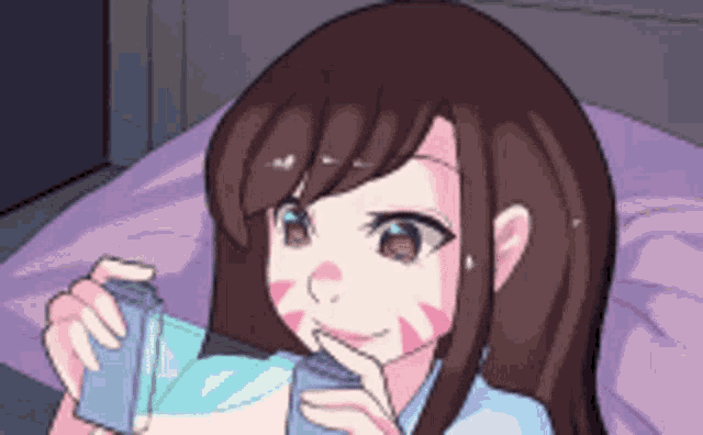 a cartoon girl is drinking milk from a carton while laying in bed .