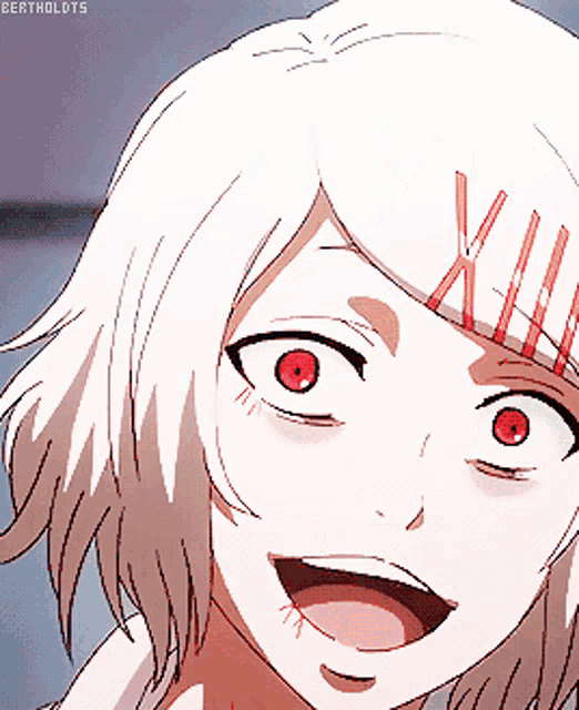 a drawing of a girl with white hair and red eyes with bertholdts written on the bottom