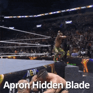 a man in a wrestling ring with the words apron hidden blade on the bottom