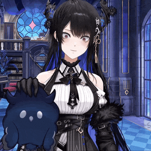a girl in a black and white dress is holding a stuffed animal in front of a room that says bedroom