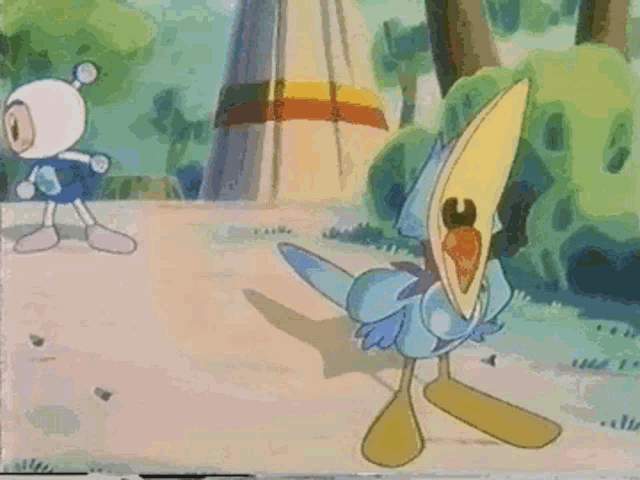 a cartoon of a bird standing next to a cartoon character in a forest .