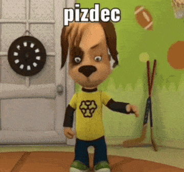 a cartoon dog wearing a yellow shirt is standing in a room with a clock on the wall .
