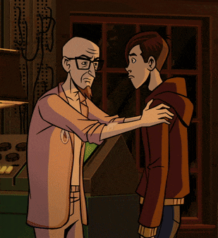a cartoon of a man talking to a young boy
