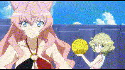 a girl with pink hair is holding a yellow ball next to another girl