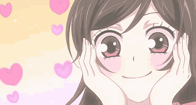 a close up of a girl 's face with hearts around her