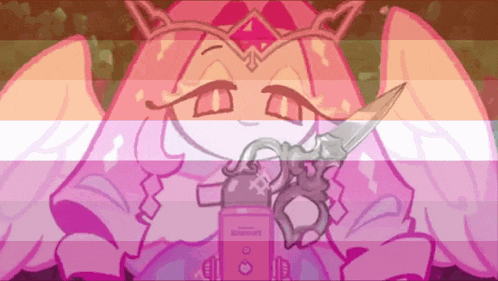 a pink and white cartoon character is holding a pair of scissors and a remote control .