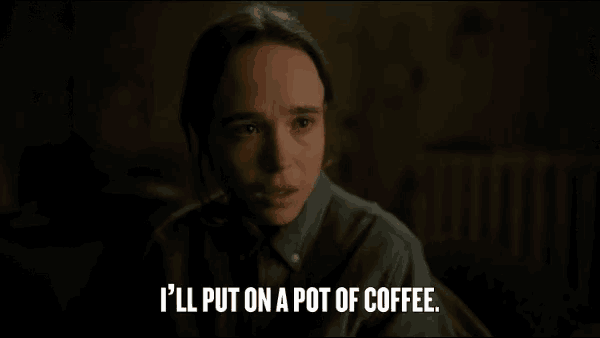 a woman is sitting on a couch and saying i 'll put on a pot of coffee