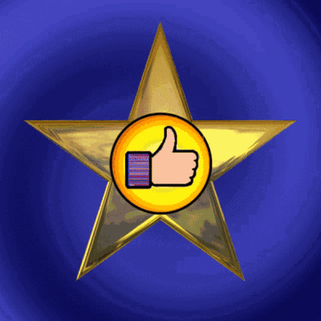 a gold star with a thumbs up in the center on a blue background