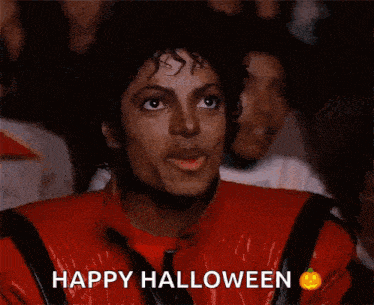 a man in a red jacket is eating popcorn and the words happy halloween are above him