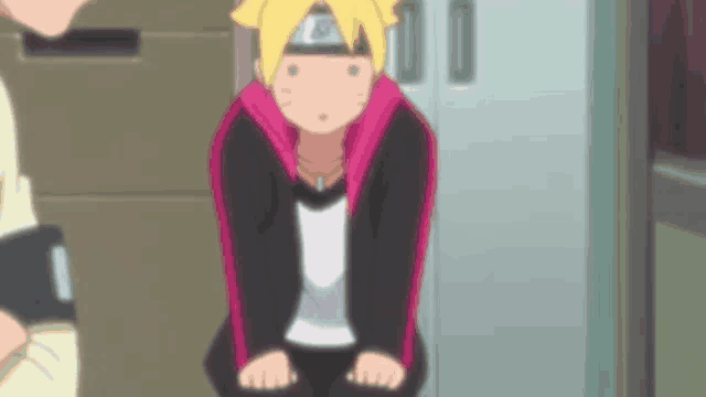 a cartoon character is sitting on a chair with his hands on his knees in front of a locker .