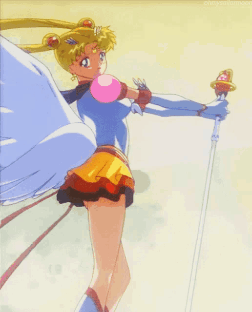 a picture of a sailor moon character blowing a bubble gum