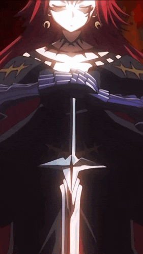 a girl with red hair holds a sword in her hands