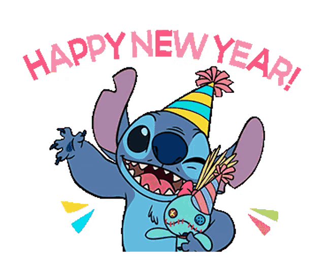 stitch is wearing a party hat and holding a stuffed animal with the words happy new year behind him