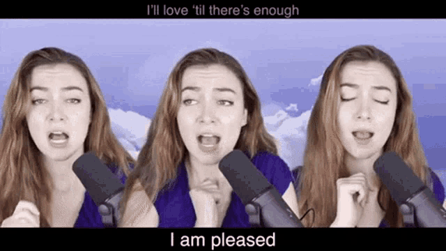 a woman singing into a microphone with the words " i 'll love til there 's enough " below her