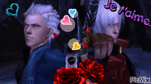 a picture of two devil may cry characters with the words je t'aime in pink