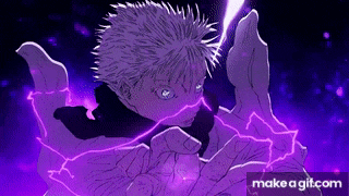 a purple lightning bolt is coming from a person 's hands .