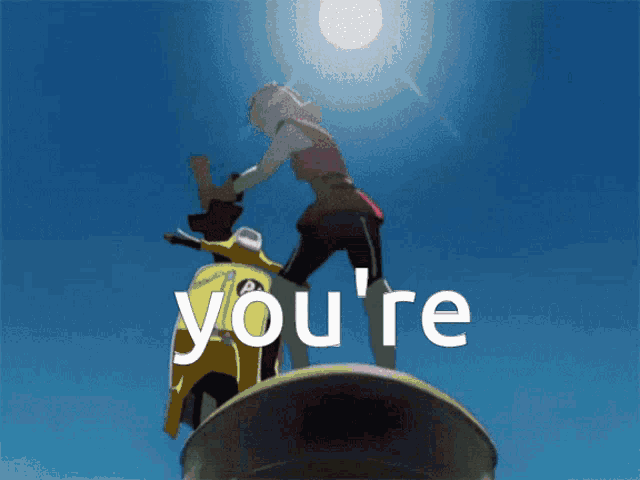 a cartoon of a person riding a scooter with the words you 're above them