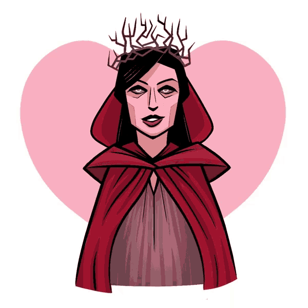 a woman wearing a red cape and a crown of thorns