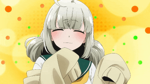 a girl with white hair is smiling and holding a jacket