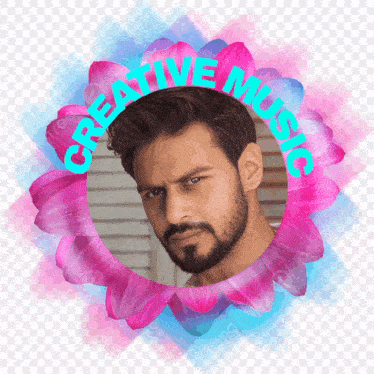 a man with a beard is surrounded by pink flowers with the words creative music written around him