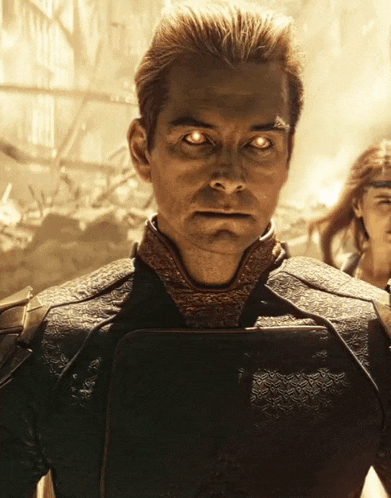 a close up of a man 's face with glowing yellow eyes