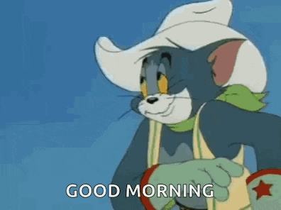 a cartoon of tom and jerry sitting on a bench with the words `` good morning '' .