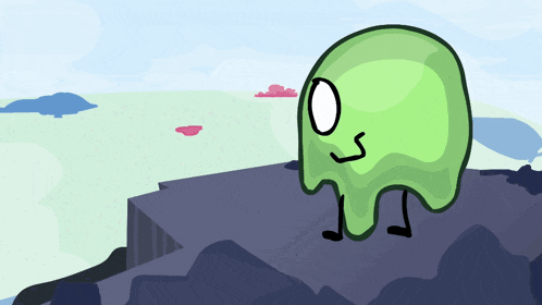 a cartoon drawing of a green jellyfish with a white eye