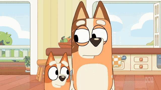 two cartoon dogs are standing next to each other in a kitchen with the letters abc on the floor