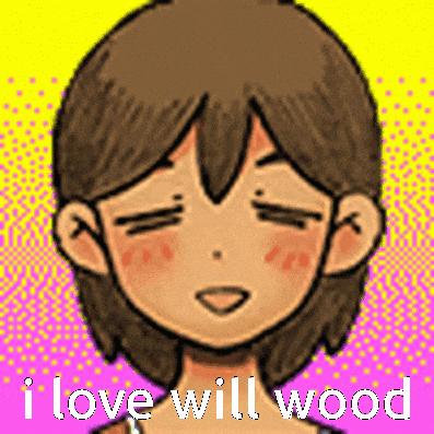 a pixel art drawing of a girl with her eyes closed and the words `` i love will wood '' above her .